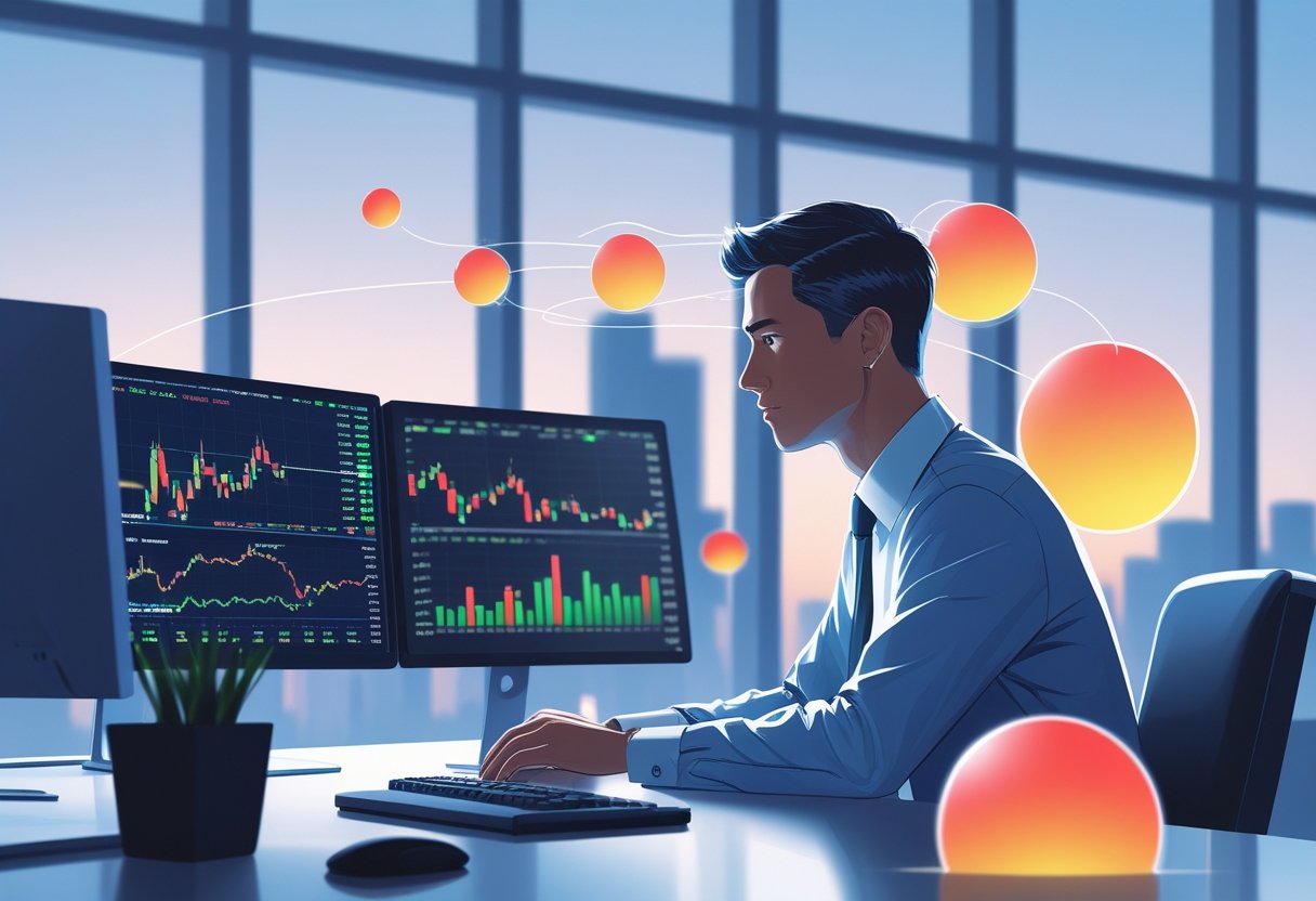 A trader calmly working at a desk with multiple monitors showing stock charts, surrounded by colorful glowing shapes representing different emotions.