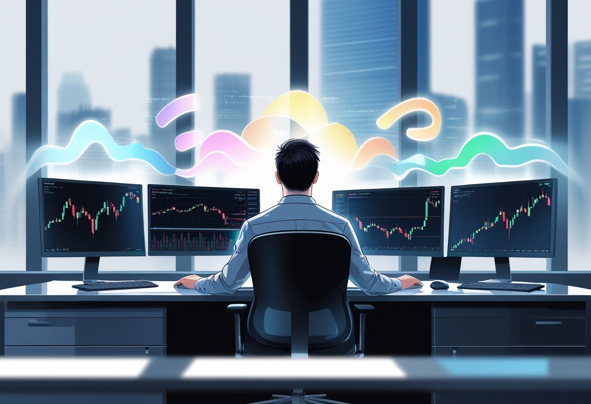 A trader at a desk with multiple screens showing stock charts, surrounded by abstract colored shapes representing different emotions.