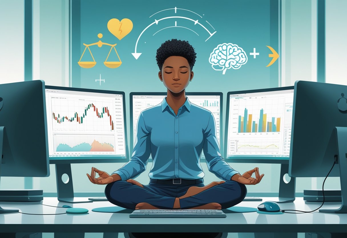 A trader sitting calmly at a desk with multiple screens showing financial charts, meditating to manage emotions while trading.