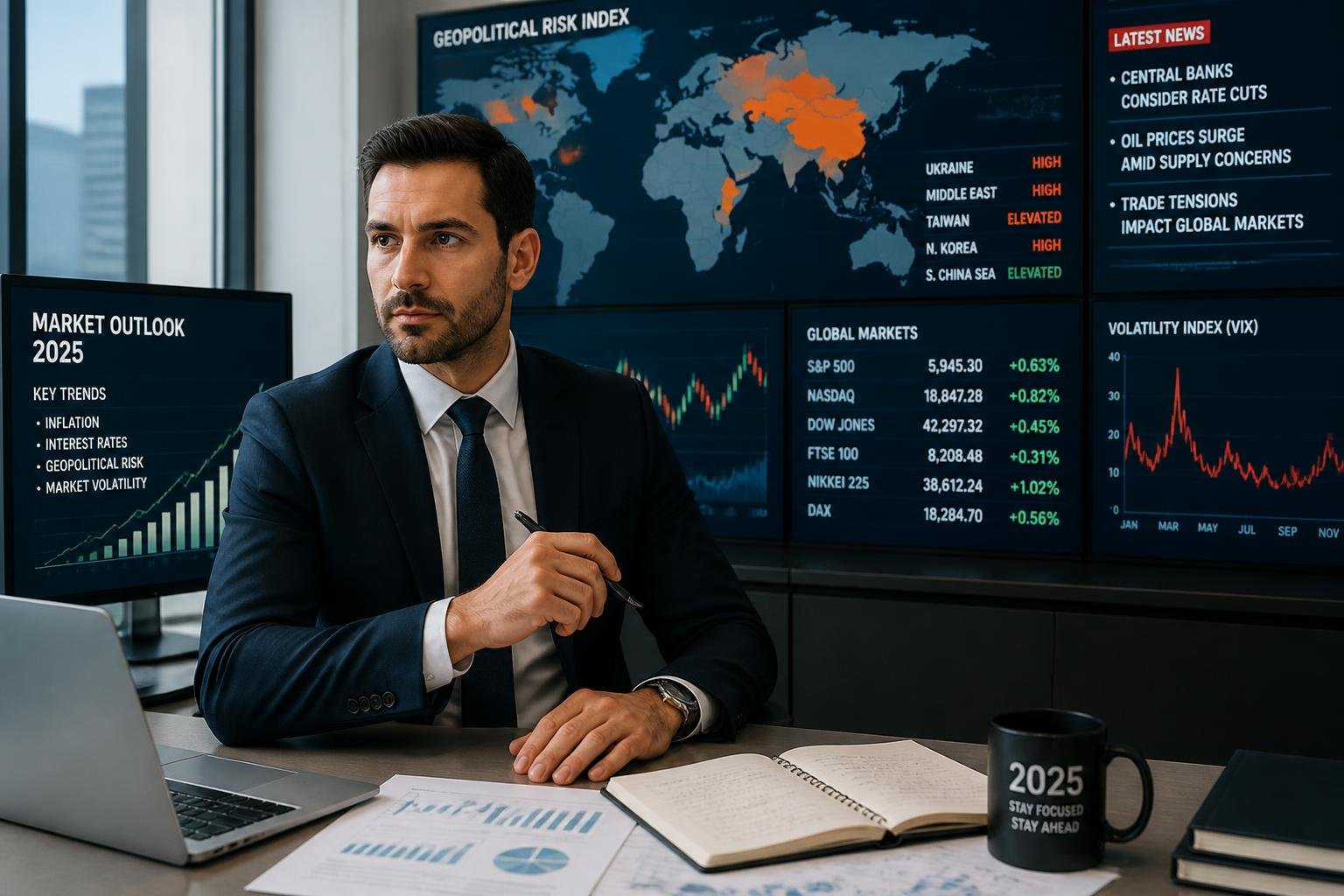 A calm businessperson in an office analyzing financial data on multiple screens showing global maps and stock charts.