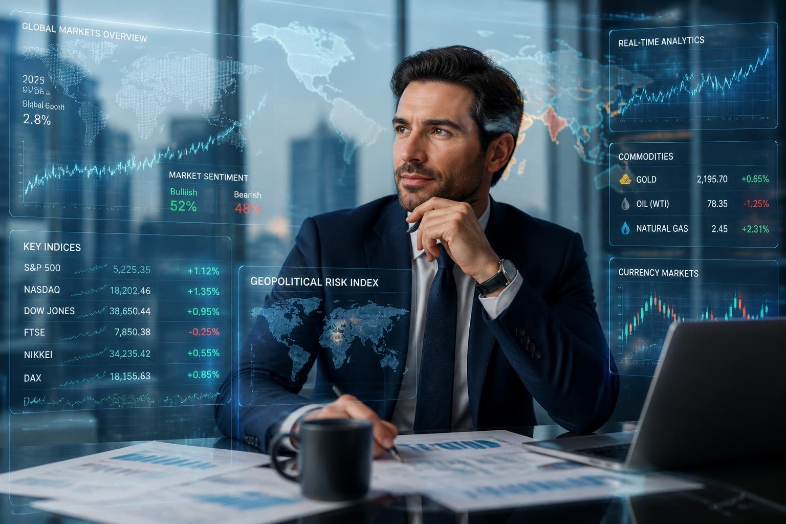 A calm businessperson in an office looking at digital financial charts and world maps, showing focus and confidence.
