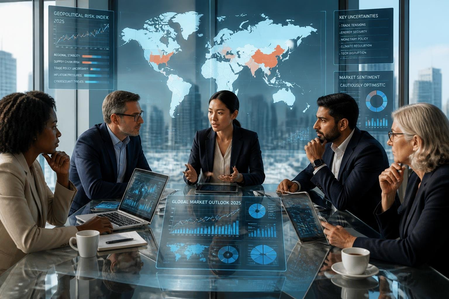 A diverse group of business professionals discussing financial charts around a table in a modern office with a world map in the background.